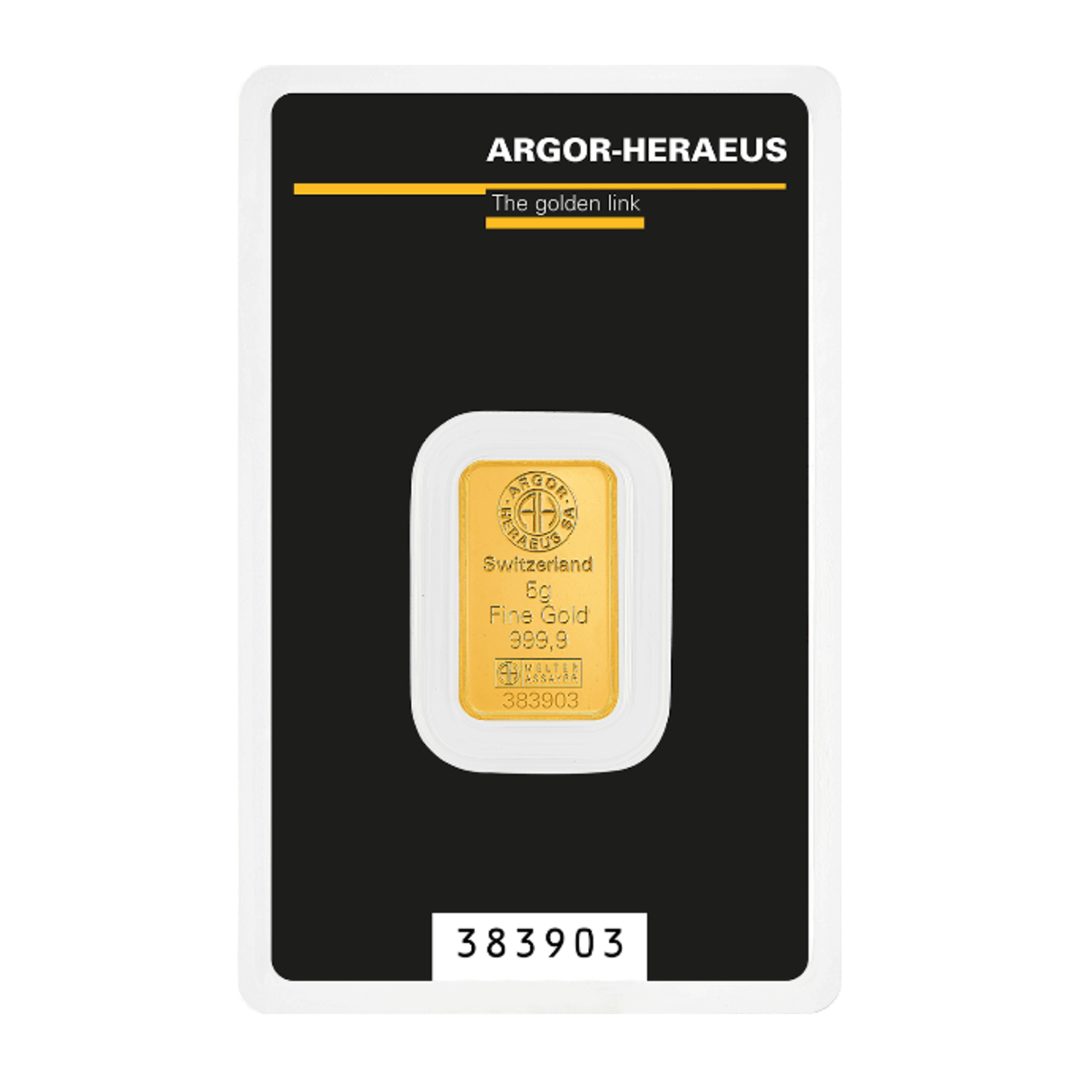 5 Gram 999.9 Fine Argor Heraeus Gold Bar